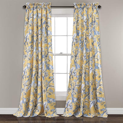 Lush Decor Dolores Light Filtering Window Panels, Pair, 52" W x 108" L, Yellow - Floral Curtains for Bedroom - Vintage Curtains - Coquette Room Decor