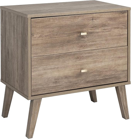 Prepac Milo Mid-Century Modern 2 Drawer Nightstand, Bedside Table, Contemporary Bedroom Furniture, 16"D x 25"W x 25"H, Drifted Gray
