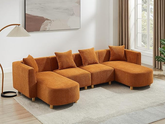 VANOMi 113" Sectional Sofa with 4 Pillows, U-Shaped 4-Seater Comfy Boucle Cloud Couch, Modern Double Chaises Lounge Sofas for Living Room, Office, Apartment (Curry-U)