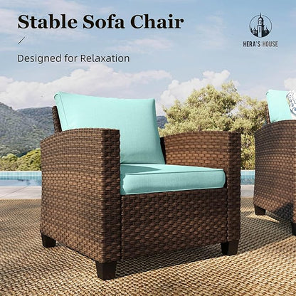 HERA'S HOUSE Patio Furniture Set with Fire Pit, 6 Pieces Outdoor Wicker Furniture, All Weather Patio Conversation Sets with Thick Cushions for Lawn Backyard, Brown/Blue