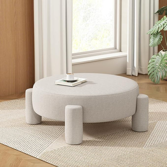 Christopher Knight Home Chobi Round Fully Ottoman Foot Stool, Pouf Footstool Ottoman Seat, Fabric Upholstered Foot Chair, Round Footrest, Modern Side Table for Living Room Bedroom Home Decor, Beige