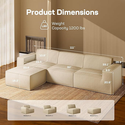 Marsail Modular Sectional Sofa, 111" L-Shaped Modular Sectional Couch with Deep Seat, Freely Combinable Sectional Clound Sofa for Living Room, No Assembly, Plush Corduroy Fabric, White