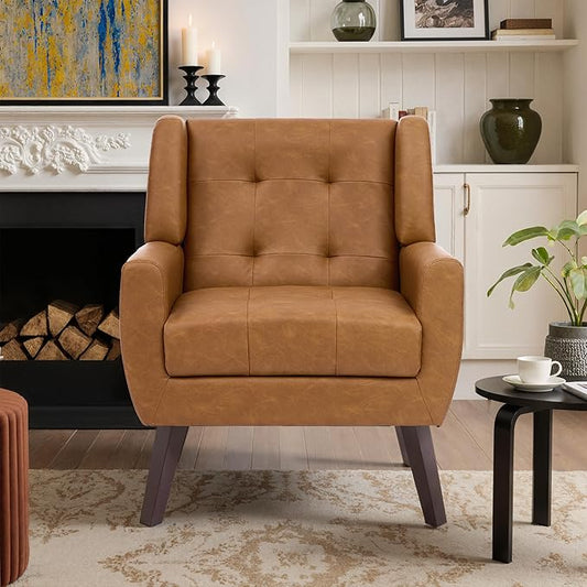 Faux Leather Accent Chair, Mid-Century Modern Upholstered Armchair, Comfy Living Room Chairs Reading Chairs with Button Tufted Back & Solid Wood Legs for Bedroom, Office, Brown