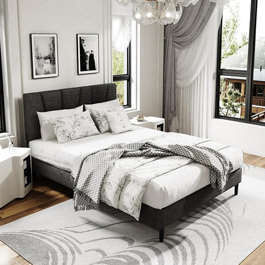 Full Size Platform Bed Frame with Modern Upholstered Headboard, Wooden Slats Support, Noise Free, No Box Spring Needed, Easy Assembly, Dark Grey, Linen
