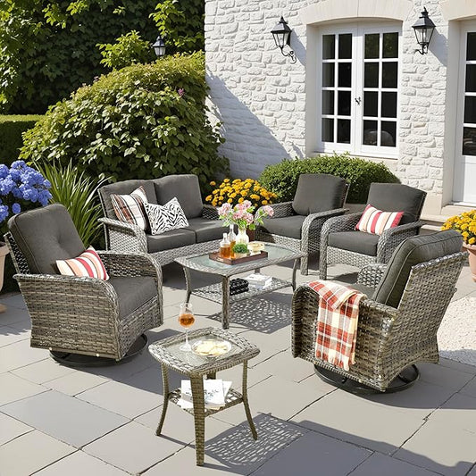 7 PCS Patio Outdoor Furniture Set with Swivel Rocking Chairs,All Weather Wicker Rattan Patio Seating Sofa and Chairs Set,Outdoor Conversaiton Sets for Deck Yard Prrch Garden Poolside,Black