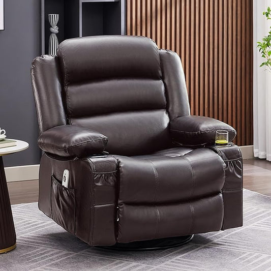 Oversized Recliner Chairs for Adults, 360° Swivel Rocking Recliner with Heat and Massage Lazy Boy Recliner,Recliner Chairs Single Sofa Seat with Cup Holders (Darkbrown, Regular)