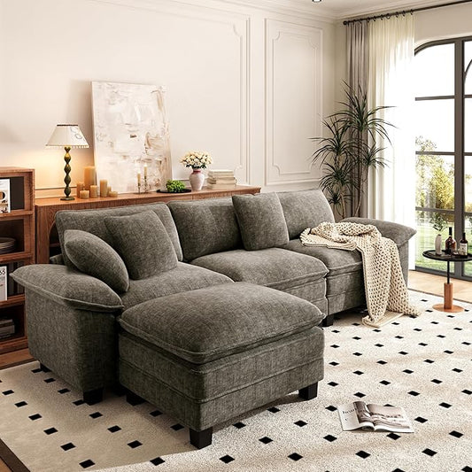 PHI VILLA Cloud Modular Couch Sets, 123.6" Sectional Sofa with L-Shaped Chaise, 4-Seater Upholstered Couches with Movable Ottoman for Living Room, Chenille Fabric, Smoky Grey