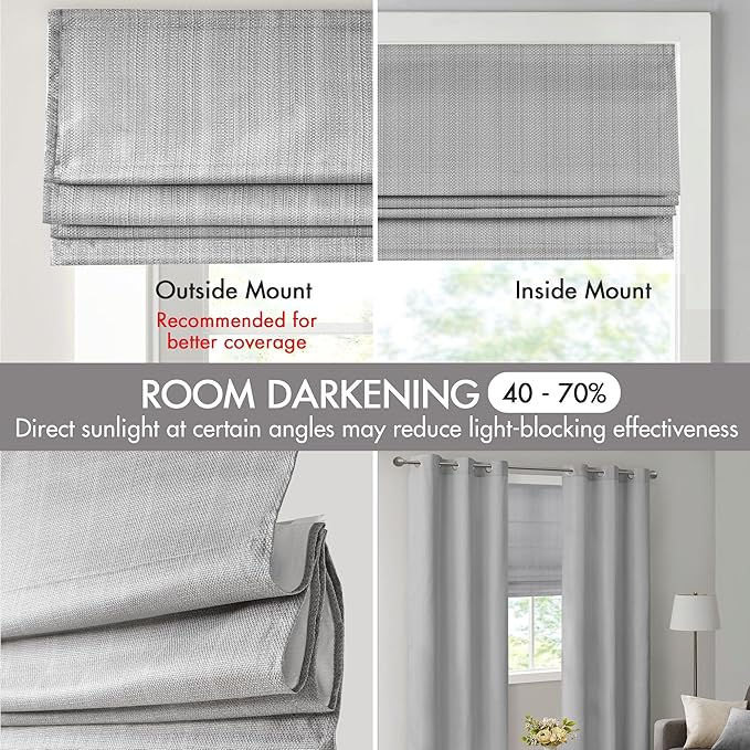 Madison Park Galen Cordless Roman Shade, 31"W x 64"H, Sheen Grey – Room Darkening, Thermal Insulated, Energy Efficient Window Blind with Subtle Sheen Basketweave Fabric for Privacy