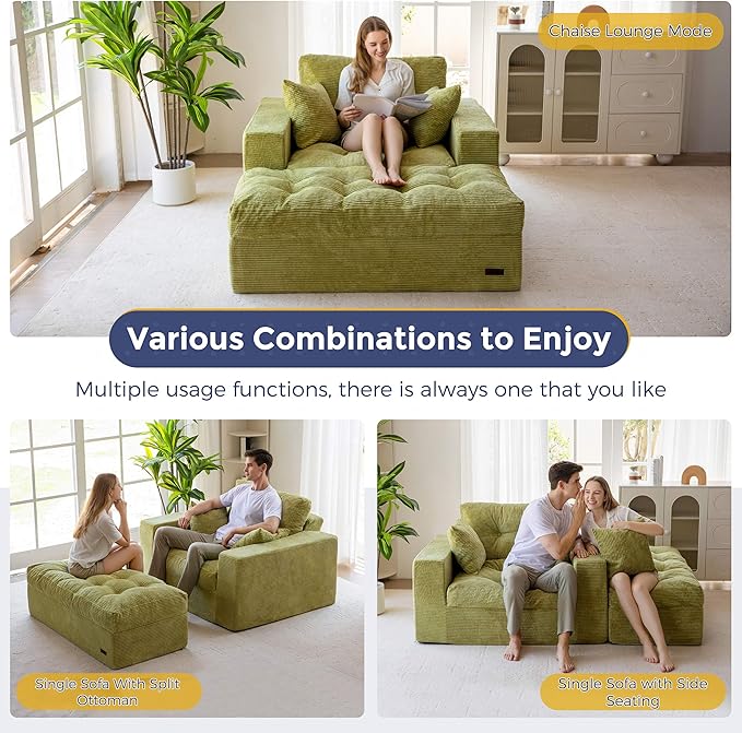 MAXYOYO Modular Sectional Chaise Lounge Sofa, Upholstered Lounge Chair with Ottoman, Comfy Couch with Layered Cushion, Tufted Upholstered Sleeper Chair for Living Room, No Assembly, Green
