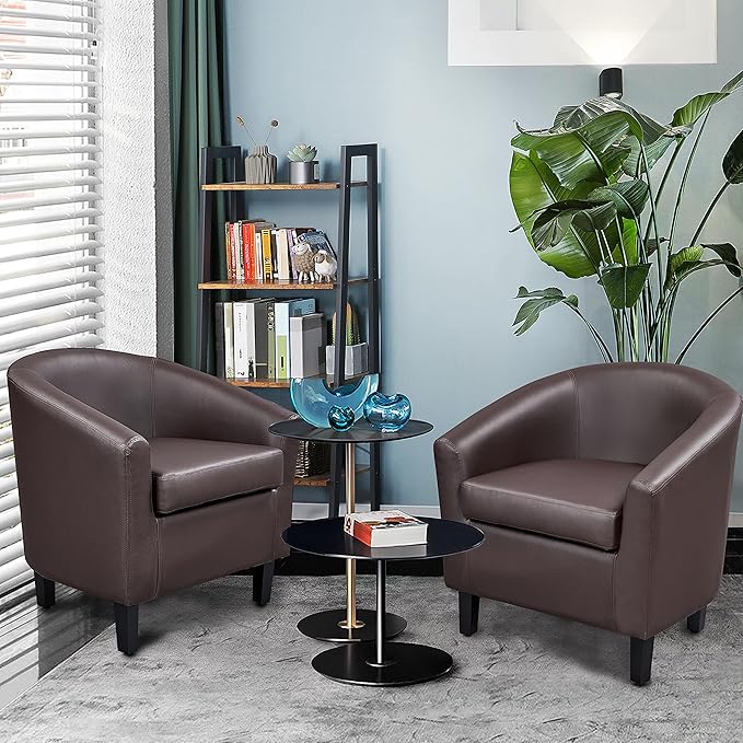 Yaheetech PU Leather Accent Chairs, Modern Barrel Chairs Side Chairs, Comfy Club Chairs with Soft Padded, 2 Chairs for Living Room/Bedroom/Reading Room, Espresso, Set of 2