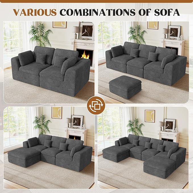 115" Cloud Boneless Sectional Couch, Deep Seat L Shaped Modular Couch with Ottoman, Oversized Upholstered Convertible 4 Seater Modular Sofa for Living Room,DarkGary Chenille