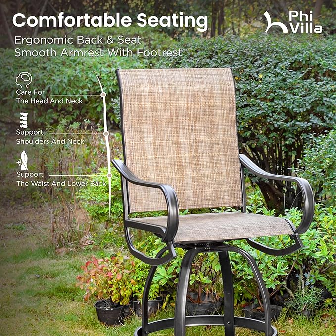 PHI Villa 3 Piece Outdoor Bar Set, Counter Height Patio Bar Bistro Table and Swivel Bar Stools Chairs with All Weather Brown Textilene Fabric for Garden, Yard, Poolside