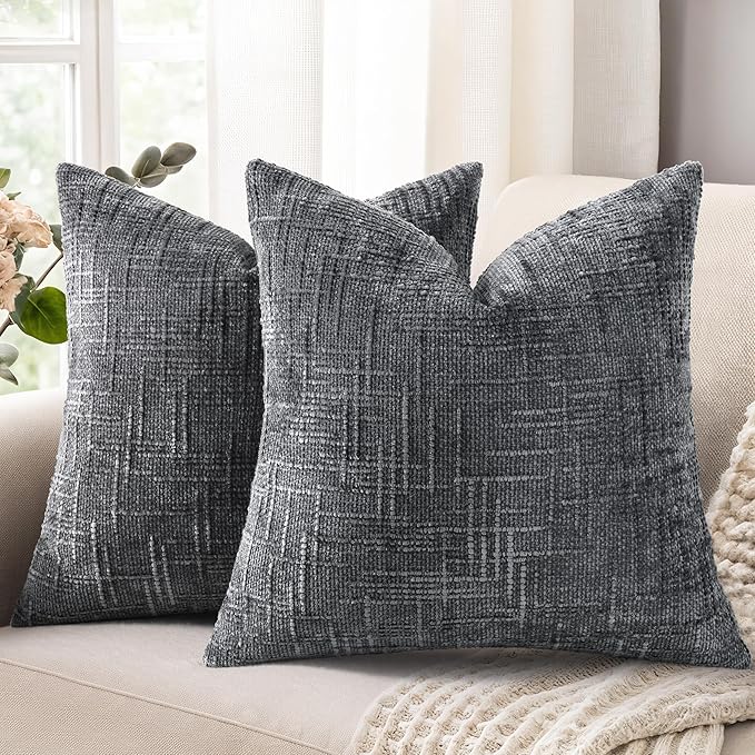 decorUhome Dark Grey Chenille Throw Pillow Covers 20x20 Set of 2 Thick Textured Slubby Couch Pillow Covers Farmhouse Accent Modern Neutral Decorative Pillow Cases for Bed Sofa Living Room