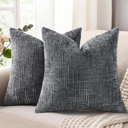 decorUhome Dark Grey Chenille Throw Pillow Covers 16x16 Set of 2 Thick Textured Slubby Couch Pillow Covers Farmhouse Accent Modern Neutral Decorative Pillow Cases for Bed Sofa Living Room