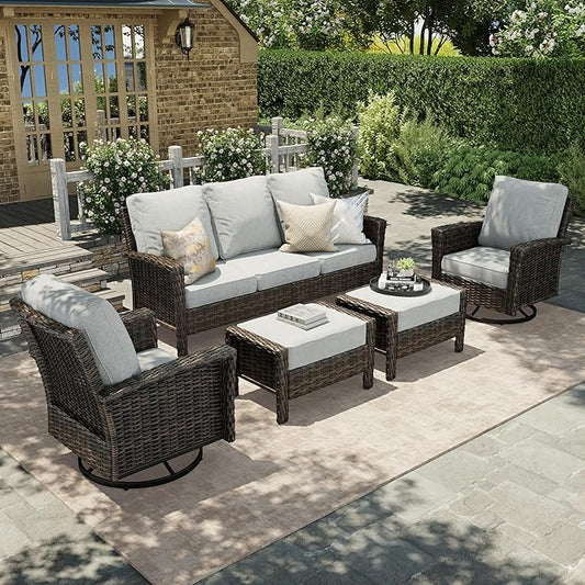 HERA'S HOUSE Patio Furniture Set with Swivel Chairs, High Back Wicker Couch with Ottomans, Outdoor Conversation Sofa Sets with 5.5" Waterproof Cushions for Garden Yard Porch, Grey