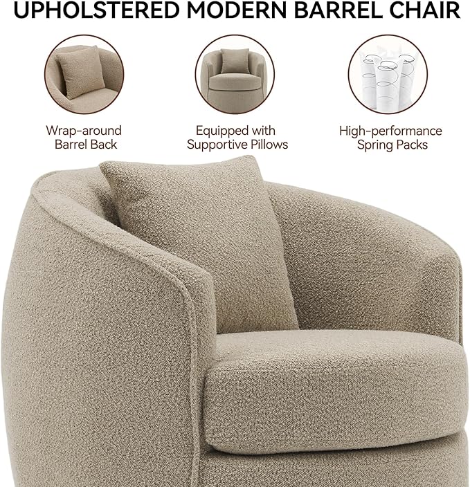 Swivel Accent Chair, Modern Upholstered Boucle Barrel Arm Chairs with Pillow for Living Room, 360 Degree Round Swivel Sherpa Armchair with Round Base for Bedroom Club (1, Light Brown)