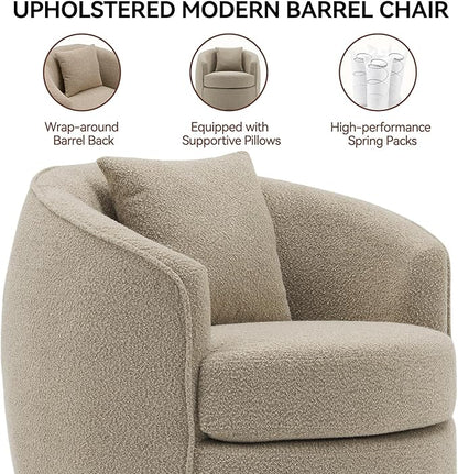 Swivel Accent Chair Set, Modern Upholstered Boucle Barrel Arm Chairs with Pillow for Living Room, 360 Degree Round Swivel Sherpa Armchair with Round Base for Bedroom Club (2, Light Brown)