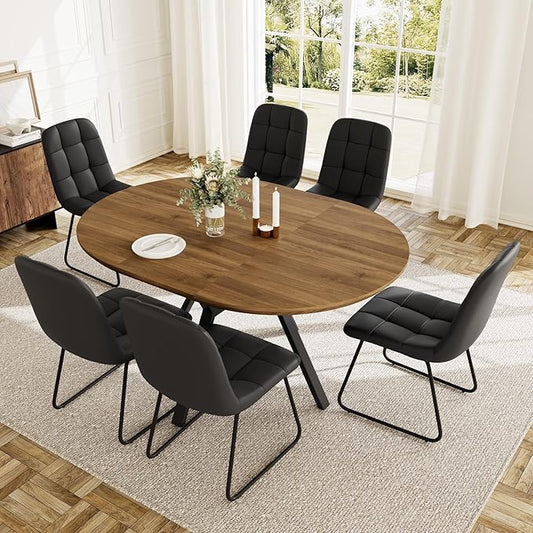 Extendable Round Dining Table Set for 6 People, 43.3"-59.1" Extendable Kitchen Table with 6 Upholstered Chairs, Space Saving for Kitchen Dining Room (Walnut Table+6 U-Shaped Black Chairs)
