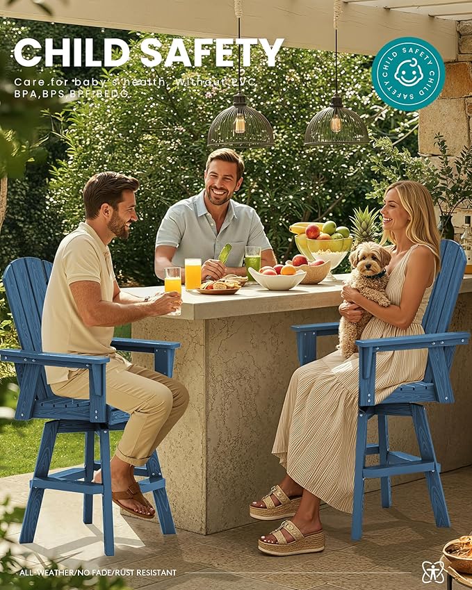 SERWALL 3-Piece Swivel Adirondack Bar Set, HDPE Swivel Bar Height Chairs Set of 2 with Bar Table, All-Weather Outdoor Barstools for Patio, Poolside, Garden, Blue