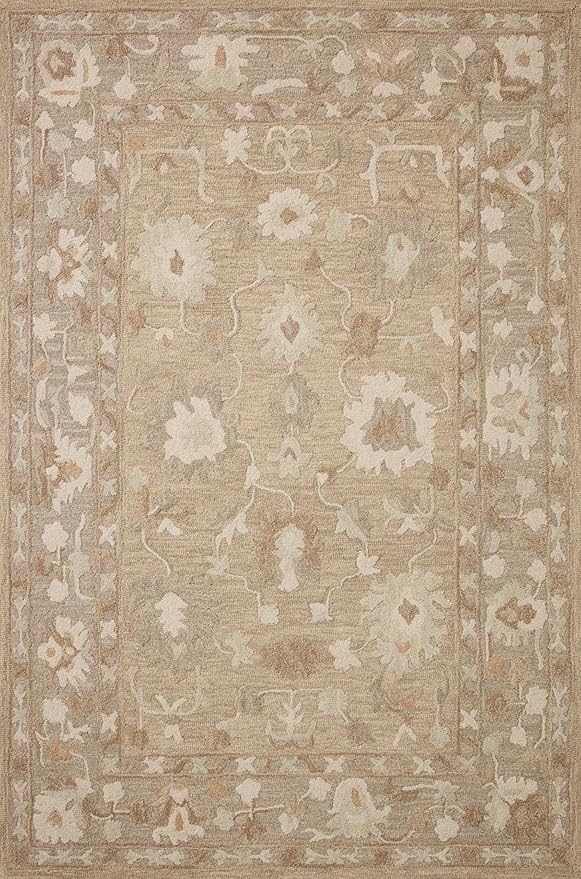 Loloi Chris Loves Julia Dorothea Collection DRT-02 Khaki/Dove 11'-6" x 15' Area Rug Wool Neutral Floral Living Room Bedroom Carpet