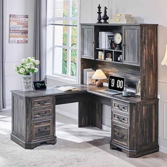 T4TREAM L Shaped Desk with Hutch,59" Farmhouse Wood Home Office Executive Desk,Charging Station,File Drawer, Storage Cabinet,Computer Desk for Work and Study (Dark Rustic Oak)