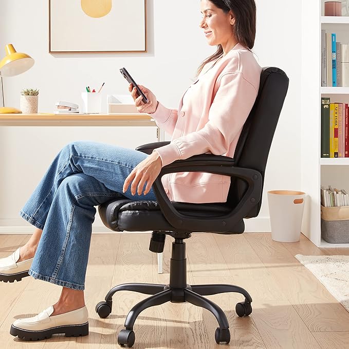 Amazon Basics Classic Puresoft PU Padded Mid-Back Height Adjustable Office Computer Desk Chair with Armrest, 26"D x 23.75"W x 42"H, Black