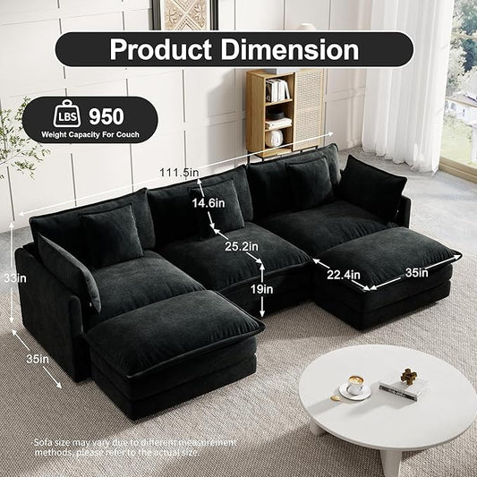 Modular Sectional Sofa, 111.5 Inch U-Shaped Cloud Sofa with Deep Seat Chenille Sofa with Cushions, Three-Self Sectional Sofa for Living Room Apartment,Black