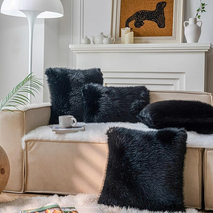 Neelvin Black Faux Fur Cozy Fluffy Double-Sided Decorative Throw Pillow Covers 22x22 inch Set of 2,Velvet Pillowcase Cushion Case for Sofa Couch