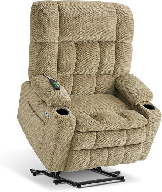 MCombo Oversized Power Lift Recliner Chair for Elderly, Dual Motor Lift Chair with Heat and Massage, Lay Flat Lift Chair for Big and Tall, Cup Holders, Fabric R7891 (Oversize, Beige)