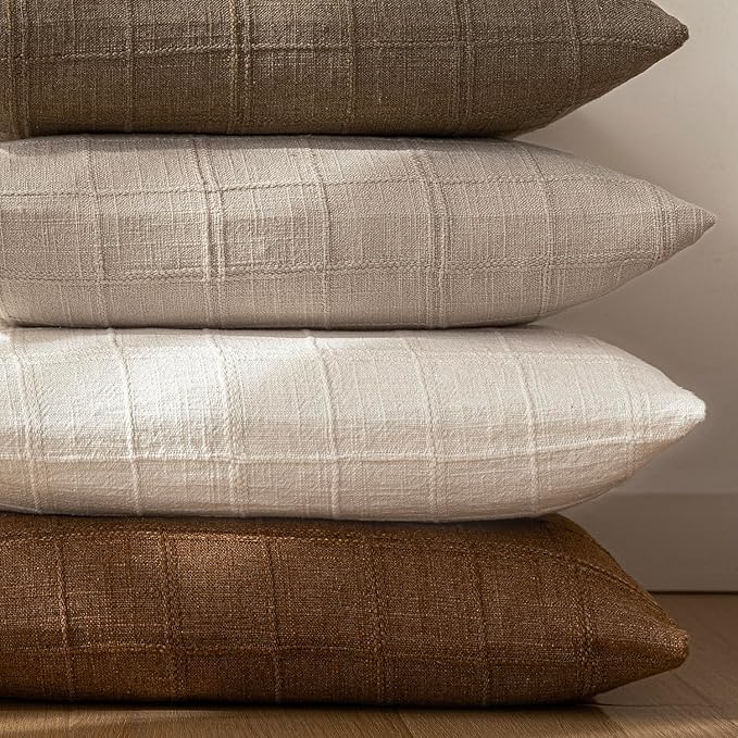 Foindtower Set of 2 Decorative Linen Check Throw Pillow Covers Neutral Farmhouse Vintage Cushion Covers Modern Boho Home Decor for Sofa Chair Couch Bedroom Living Room,18×18 Inch,Natural Linen