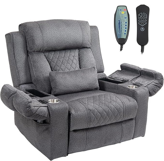 Big Man Power Lay Flat Lift Chair Oversized Recliner Dual Motor Heat Vibration for Elderly, Overstuffed Electric 28" Extra Wide Recliners with Flip Arm Storage Cup Holders,USB Type C Charging