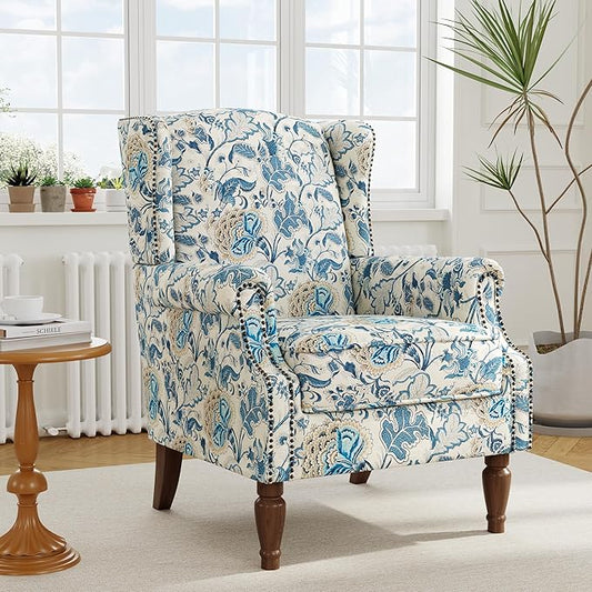 Accent Chair, Upholstered High Back Floral Armchair with Nailhead Trim & Wood Legs, Comfy Wingback Reading Single Sofa Chair for Small Spaces, Living Room, Bedroom-Boho Blue Floral, Set of 1
