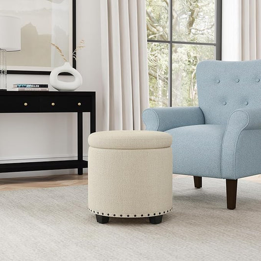 HomePop Home Decor | Upholstered Round Storage Ottoman with Nailheads| Ottoman with Storage for Living Room & Bedroom, Cream Woven