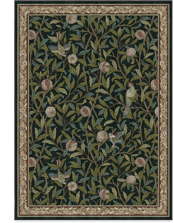 RUGGABLE x Morris & Co Washable Area Rug – Pomegranate Blue Green 5x7, Stain-Resistant, Non-Slip – Medium Machine Washable Rugs for Living Room, Bedroom, Hallway, Entryway & Office–with Standard Pad