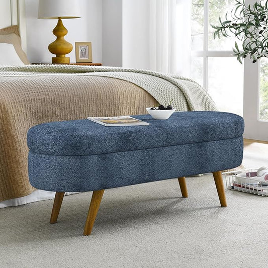 Storage Ottoman Bench 43" Storage Bench for Bedroom, Upholstered Soft Boucle Fabric End of Bed with Safety Hinge Solid Wood Legs Foot Stool Benches for Hallway,Closet,Oval, Entryway, Dark Blue