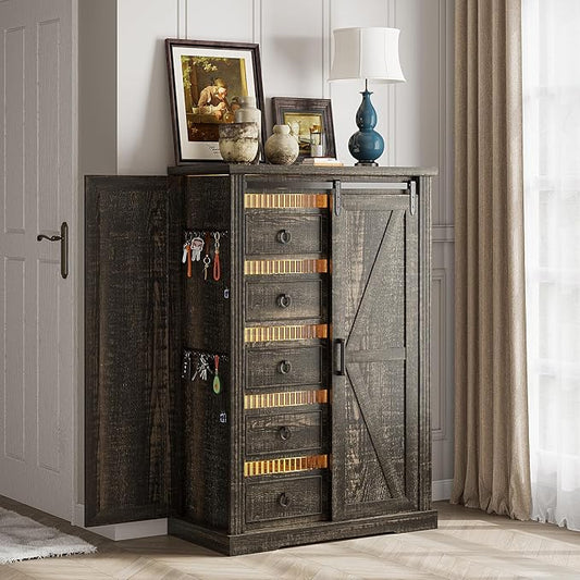 5 Drawers Dresser for Bedroom w/Sliding Barn Door, Farmhouse Wood Dresser with LED Lights, Chest of Drawers Tall Dressers for Bedroom, Living Room, Hallway, Kids Room, Brown