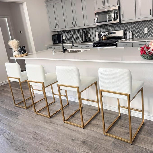 ALPHA HOME 24 Inch Bar Stools Set of 4, Kitchen Counter Stools with Backs, PU Leather Barstools, White Bar Stools with Upholstered Footrest, Sturdy Chromed Metal Steel Frame, Off-White
