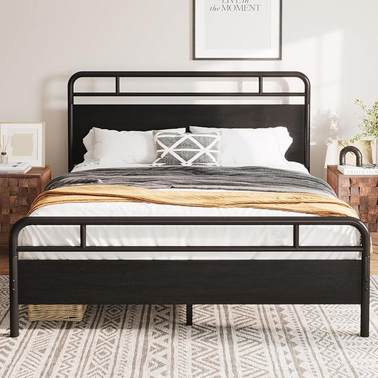 Allewie Queen Size Platform Bed Frame with Wooden Headboard and Footboard, Heavy Duty 13 Metal Slats Support, Under-Bed Storage, No Box Spring Needed, Noise Free, Easy Assembly, Black Oak