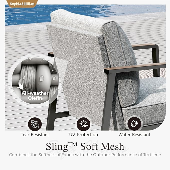 Sophia & William Modern Patio Furniture Set Outdoor Conversation Set 6pcs Heavy Duty with Soft Cotton-Filled Textilene Fabric for 5, Adjustable Coffee Table for Pool Garden Backyard