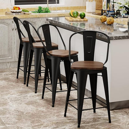 Aklaus Swivel Metal Bar Stools with Backs Counter Stools Set of 4 Counter Height Stools High Back Bar Chairs 24 Inch Barstools Farmhouse Matte Black