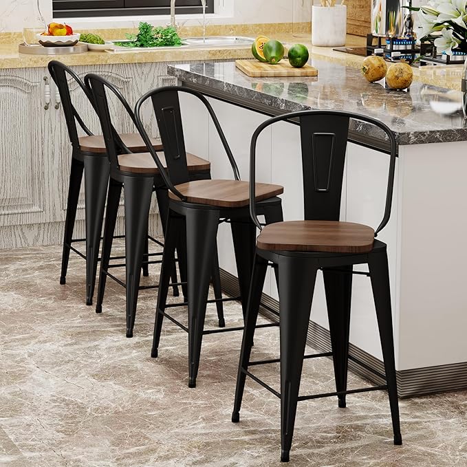Aklaus Swivel Metal Bar Stools Set of 4 Counter Height Stools Counter Bar Stools with Back Swivel Metal Bar Chairs Wooded Seat 30 Inch Matte Black Barstools