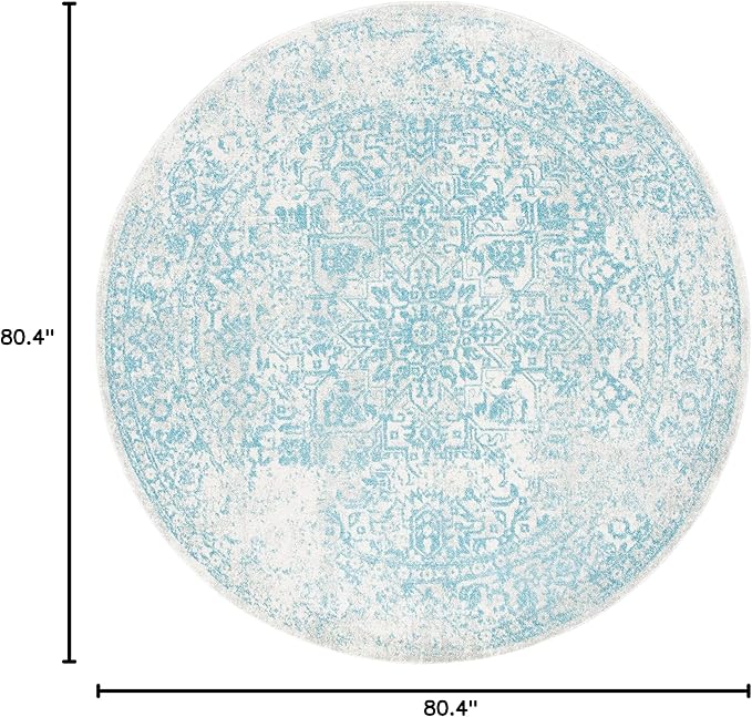 SAFAVIEH Evoke Collection Area Rug - 6'7" Round, Ivory & Aqua, Distressed Design, Non-Shedding & Easy to Clean, Ideal for Living Room, Bedroom, Dining Space (EVK256J)