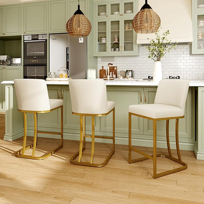 MAISON ARTS Off White & Gold Counter Height Bar Stools with Back Set of 3 for Kitchen Counter 24 Inch Modern Upholstered Faux Leather Barstools Farmhouse Bar Chairs Luxury Island Stools Support 330LBS