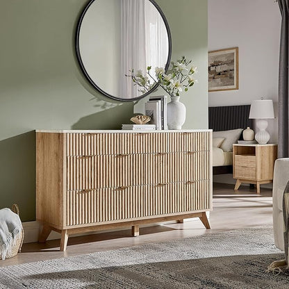 T4TREAM Fluted 7 Drawers Dresser, 54" Wide Modern Chest of Drawers with Faux Marble Top, Curved Profile Design, Dresser TV Stand, Wood Drawer Organizer for Bedroom, Living Room, Hallway, Natural Oak