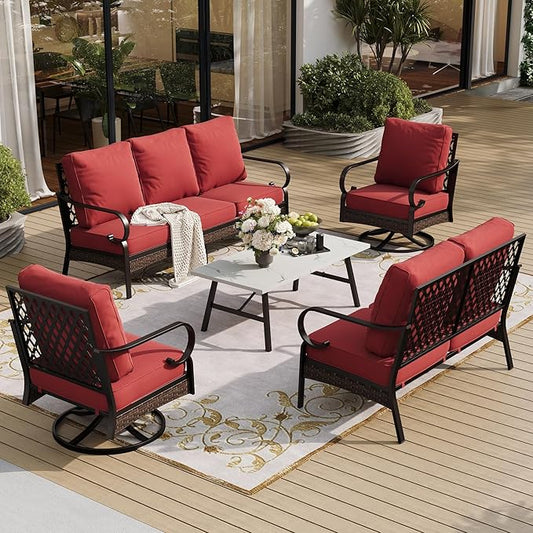 5 Piece Metal Outdoor Patio Furniture Set, Patio Conversation Setsv with 3-Seater Sofa, Loveseat, 2 Fixed Sofa (5.75" Thick Cushion) & Coffee Table Black Backyard Furniture, Rust Red