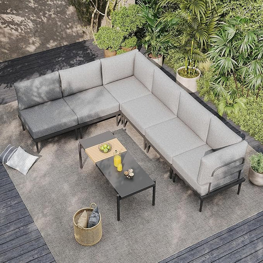 Sundale Outdoor 7 Pieces Metal Patio Furniture Set, Outdoor Sectional Sofa with 6 Inch Olefin Cushion, Modern Outdoor Conversation Sets (6 Seats, Grey Frame)