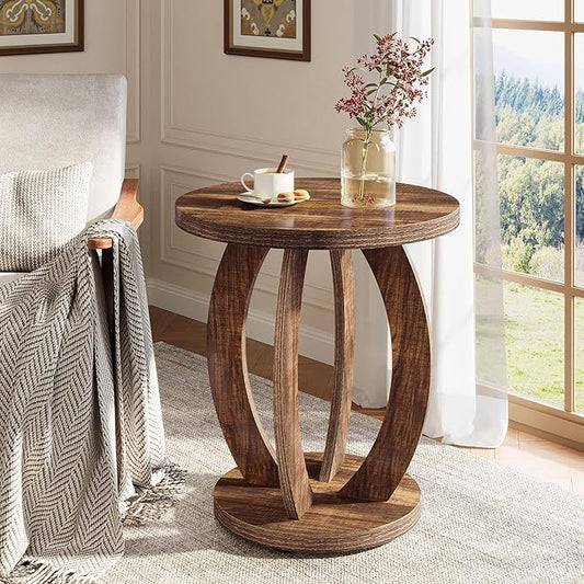 Tribesigns End Table, Round Side Table with Storage, Farmhouse Nightstand Bedside with Round Tabletop, Accent End Table for Living Room Bedroom Small Space, Wooden Accent Furniture (1, Dark Brown)