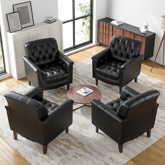 Faux Leather Accent Chairs Set of 4, Upholstered Armchairs with Nailhead Trims & Wood Legs for Living Room, Bedroom, Contemporary Comfy Club Chairs for Office-Black