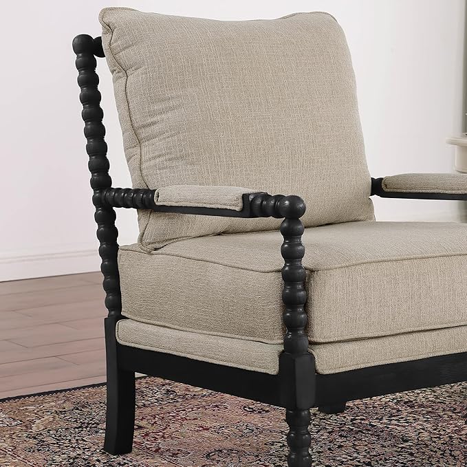 Morden Fort Linen Fabric Spindle Accent Chairs Set of 2, French Style Chairs with High Resilience Spring Cushion and Armrest Pads, Leisure Armchair for Living Room Bedroom Farmhouse Office Balcony