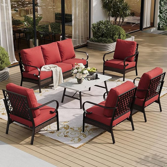 6 Piece Metal Outdoor Patio Furniture Sets, Patio Conversation Sets with 3-Seater Sofa, 4 Single Sofa (5.75" Thick Cushion) & Coffee Table, Black Frame Backyard Furniture, Rust Red